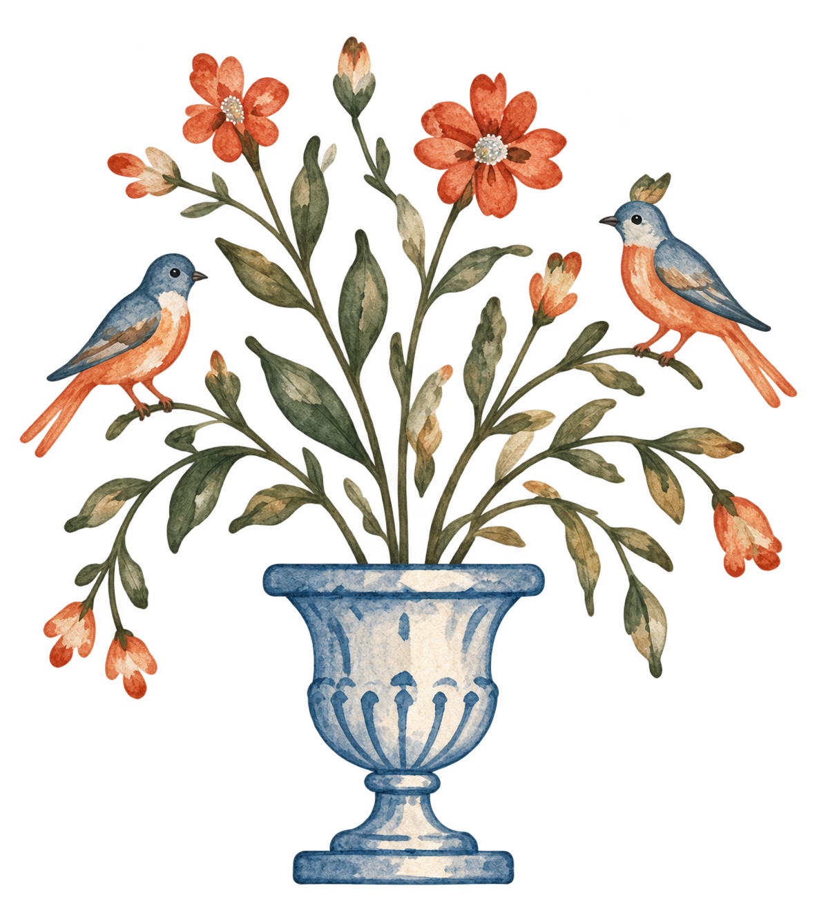 Ilustración floral con dos pájaros